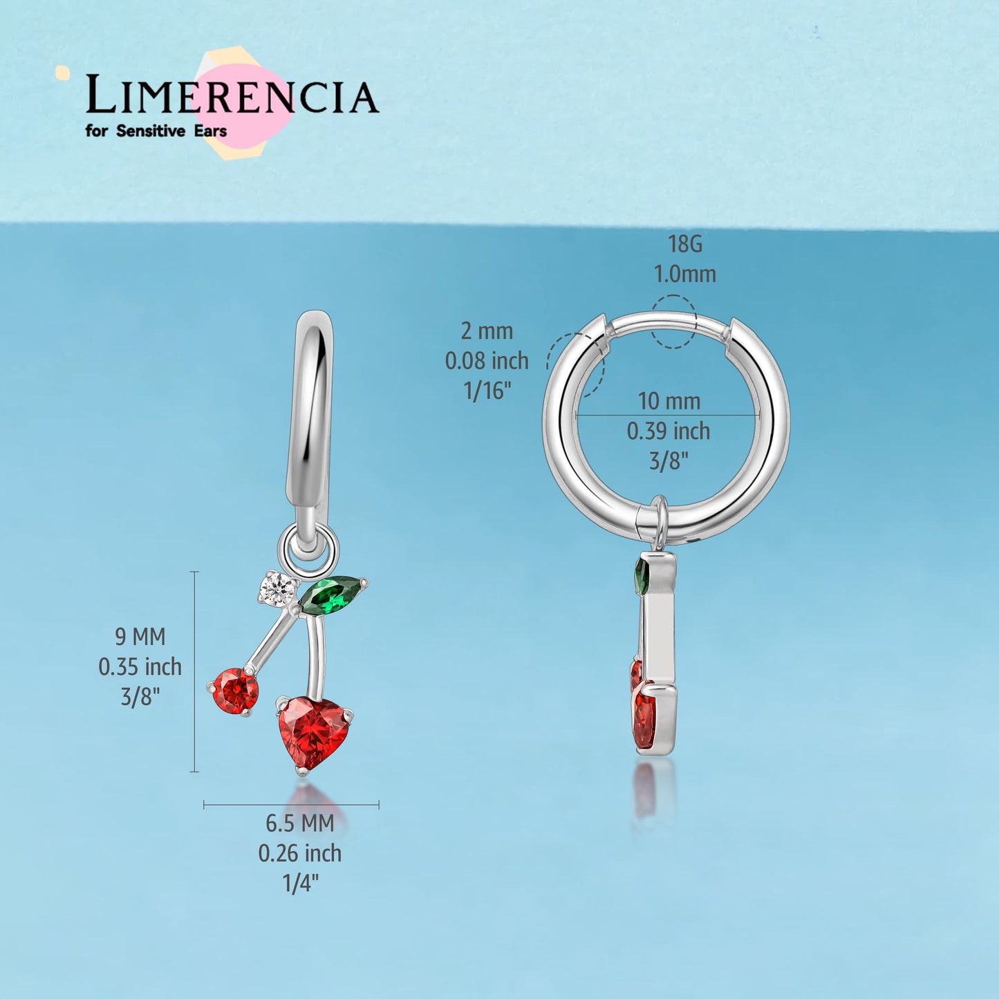 Boucles d'oreilles Huggie pendantes légères en titane pur hypoallergénique Limerencia pour femme, barre verticale, croix, lune, éclair, boucles fines – Zircone cerise rouge