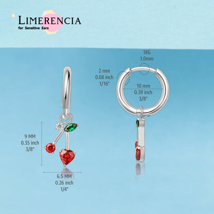 Boucles d'oreilles Huggie pendantes légères en titane pur hypoallergénique Limerencia pour femme, barre verticale, croix, lune, éclair, boucles fines – Zircone cerise rouge