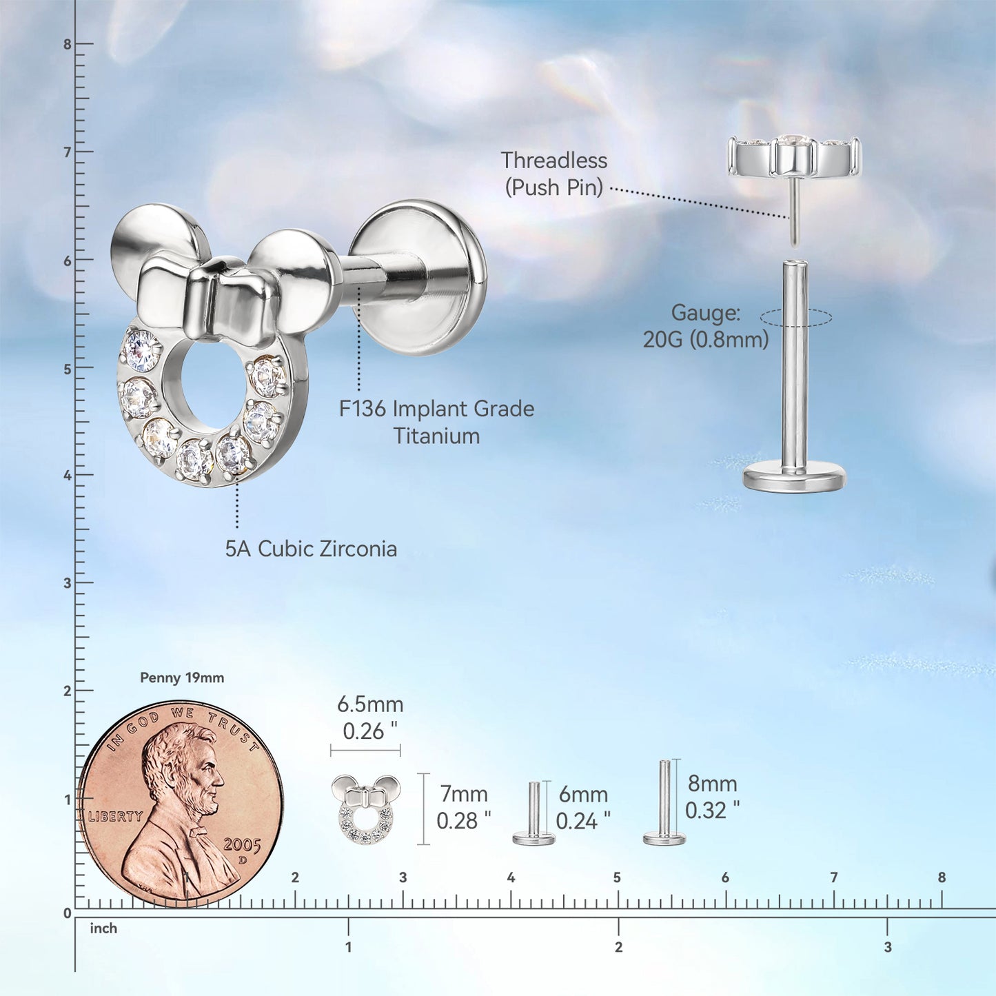 limerencia F136 Hypoallergenic Titanium 20g 6mm 8mm Flat Back Stud | G23 Implant Grade Press Fit Threadless Earrings Push in Tragus Cartilage Helix Conch Monroe Piercing Jewelry (minnie mouse 1pc)