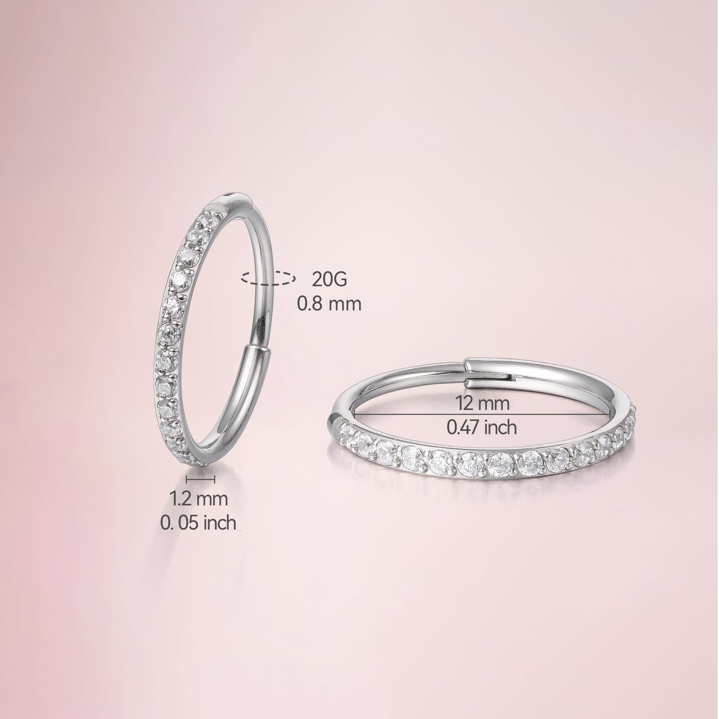 Limerencia F136 Titanium  Endless Hoops Earring | Dainty Cubic Zirconia Cartilage Tiny Earring for Sensitive Ears Hypoallergenic Lightweight for Women Men，12mm