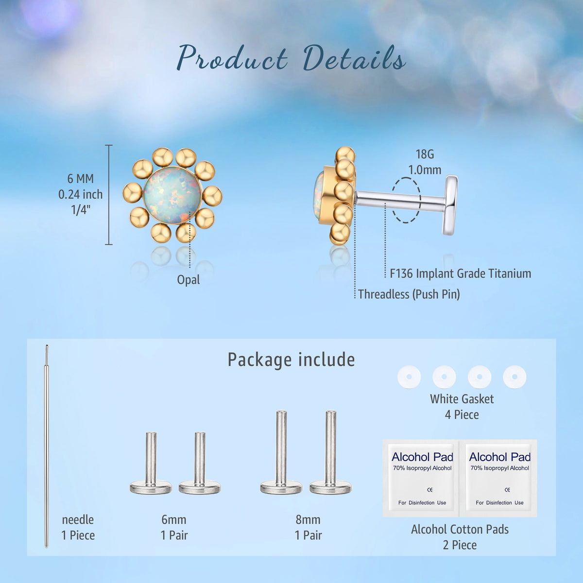Flat Back Stud Earrings for Women, Titanium CZ Cartilage Studs Hypoallergenic Helix Earrings, Threadless Push Pop in Tragus Earrings for Women