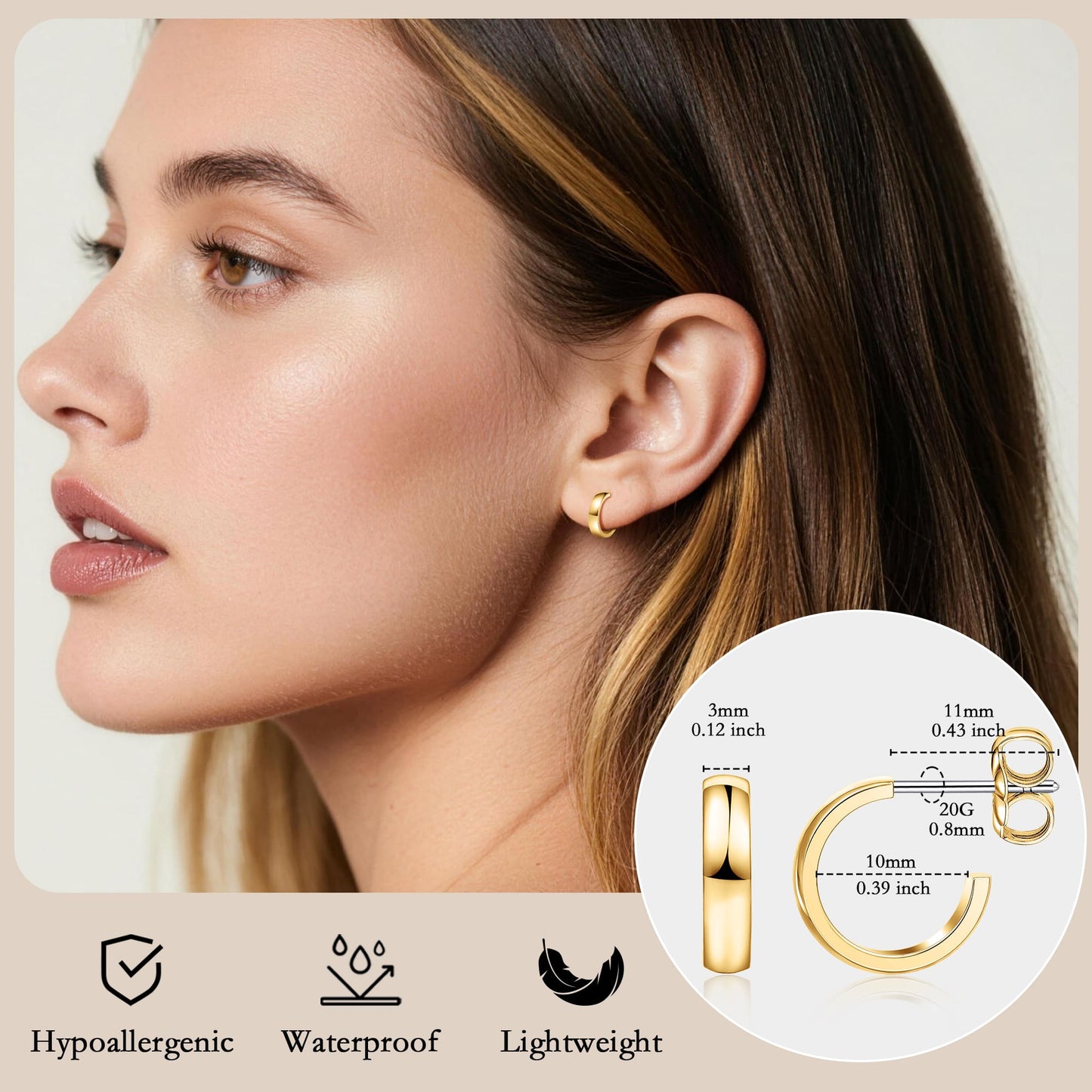 Limerencia Hypoallergenic G23 Pure Titanium Post Thin Square Edge Open Hoop | F136 Imlant Grade Womens Dainty Hoop Earrings | Lightweight for Sensitive Ears (8 mm, Gold)