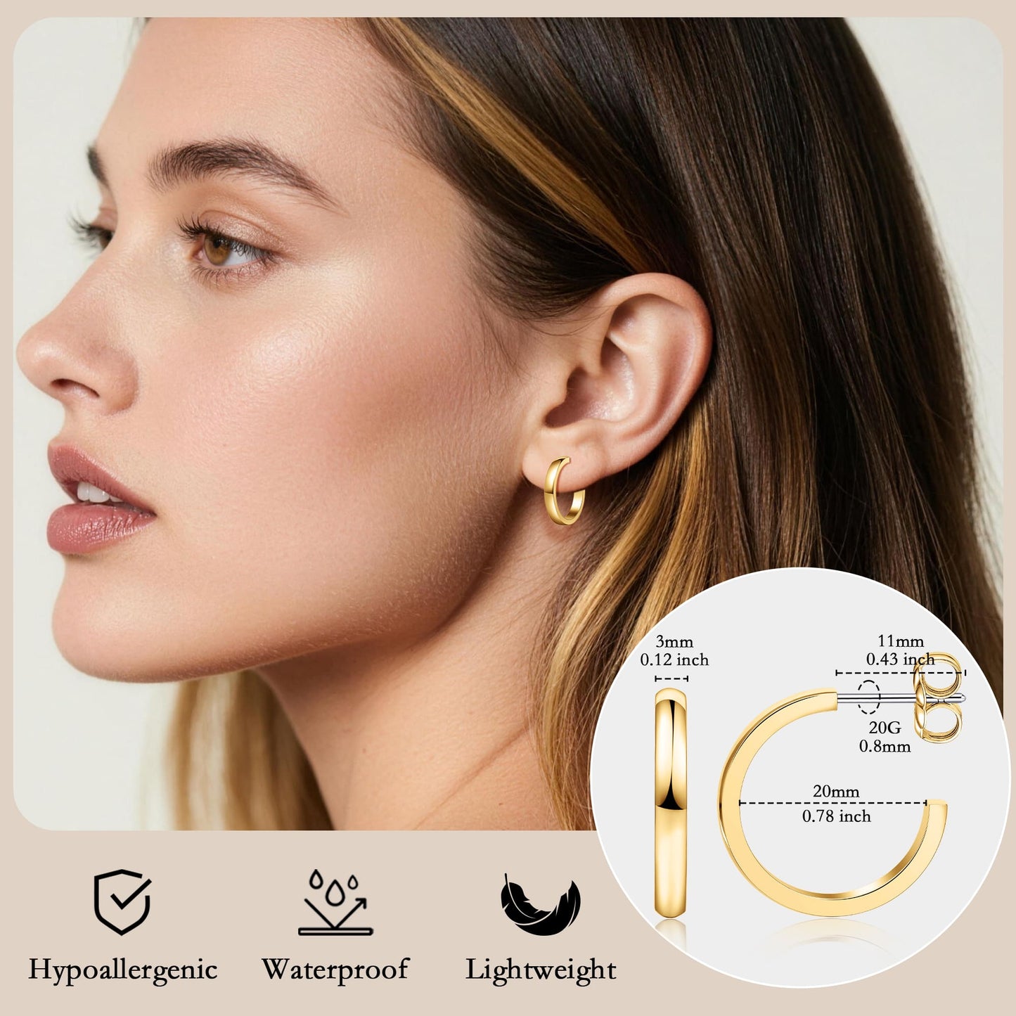 Limerencia Hypoallergenic G23 Pure Titanium Post Thin Square Edge Open Hoop | F136 Imlant Grade Womens Dainty Hoop Earrings | Lightweight for Sensitive Ears (8 mm, Gold)