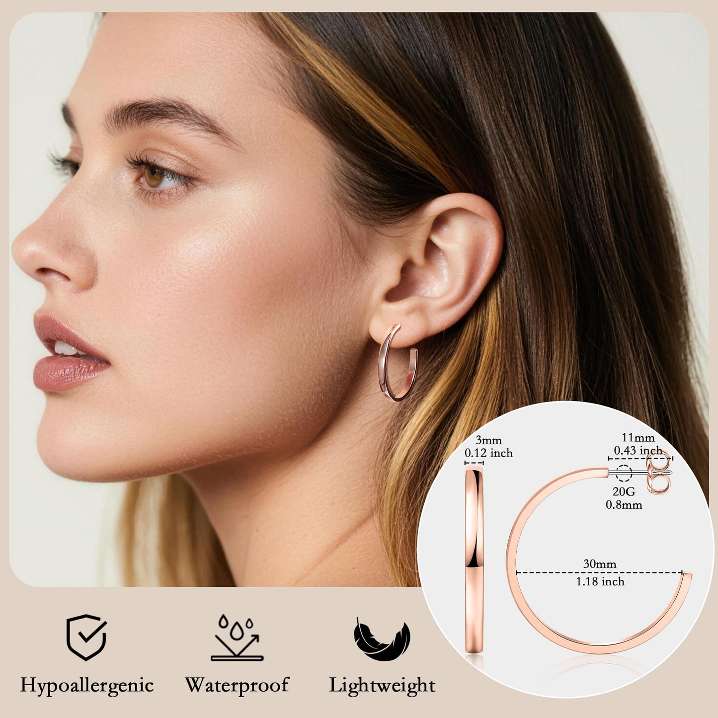 Limerencia Hypoallergenic G23 Pure Titanium Post Thin Square Edge Open Hoop | F136 Imlant Grade Womens Dainty Hoop Earrings | Lightweight for Sensitive Ears (8 mm, Gold)