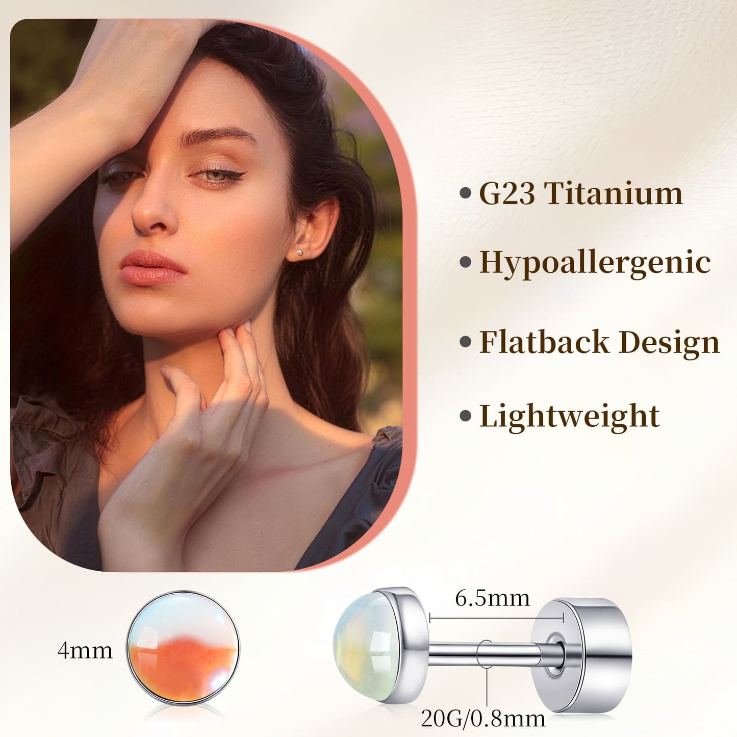 Limerencia flache Ohrstecker für Damen, hypoallergene Ohrstecker mit Schraubverschluss aus G23-Implantat-Titan, 20G Ohrstecker mit Onyx/Mondstein/blauem Türkis, flache Knorpelohrstecker in 4 mm/5 mm
