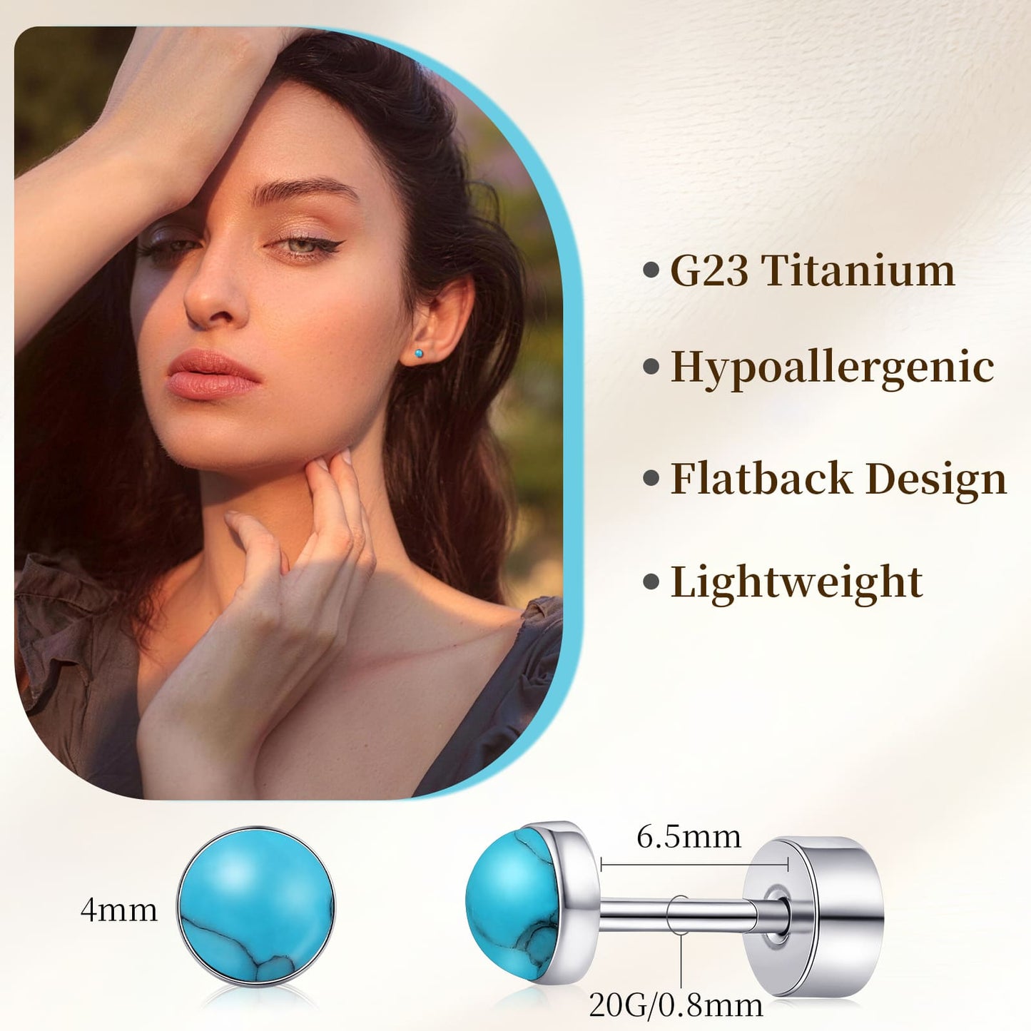 Limerencia flache Ohrstecker für Damen, hypoallergene Ohrstecker mit Schraubverschluss aus G23-Implantat-Titan, 20G Ohrstecker mit Onyx/Mondstein/blauem Türkis, flache Knorpelohrstecker in 4 mm/5 mm