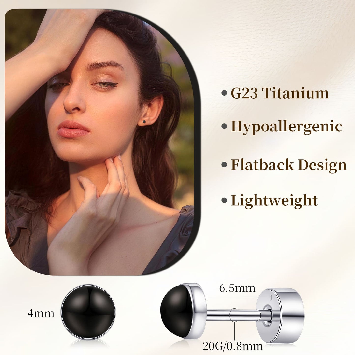 Limerencia flache Ohrstecker für Damen, hypoallergene Ohrstecker mit Schraubverschluss aus G23-Implantat-Titan, 20G Ohrstecker mit Onyx/Mondstein/blauem Türkis, flache Knorpelohrstecker in 4 mm/5 mm