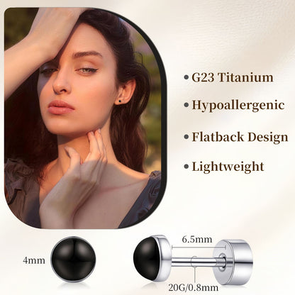 Limerencia flache Ohrstecker für Damen, hypoallergene Ohrstecker mit Schraubverschluss aus G23-Implantat-Titan, 20G Ohrstecker mit Onyx/Mondstein/blauem Türkis, flache Knorpelohrstecker in 4 mm/5 mm