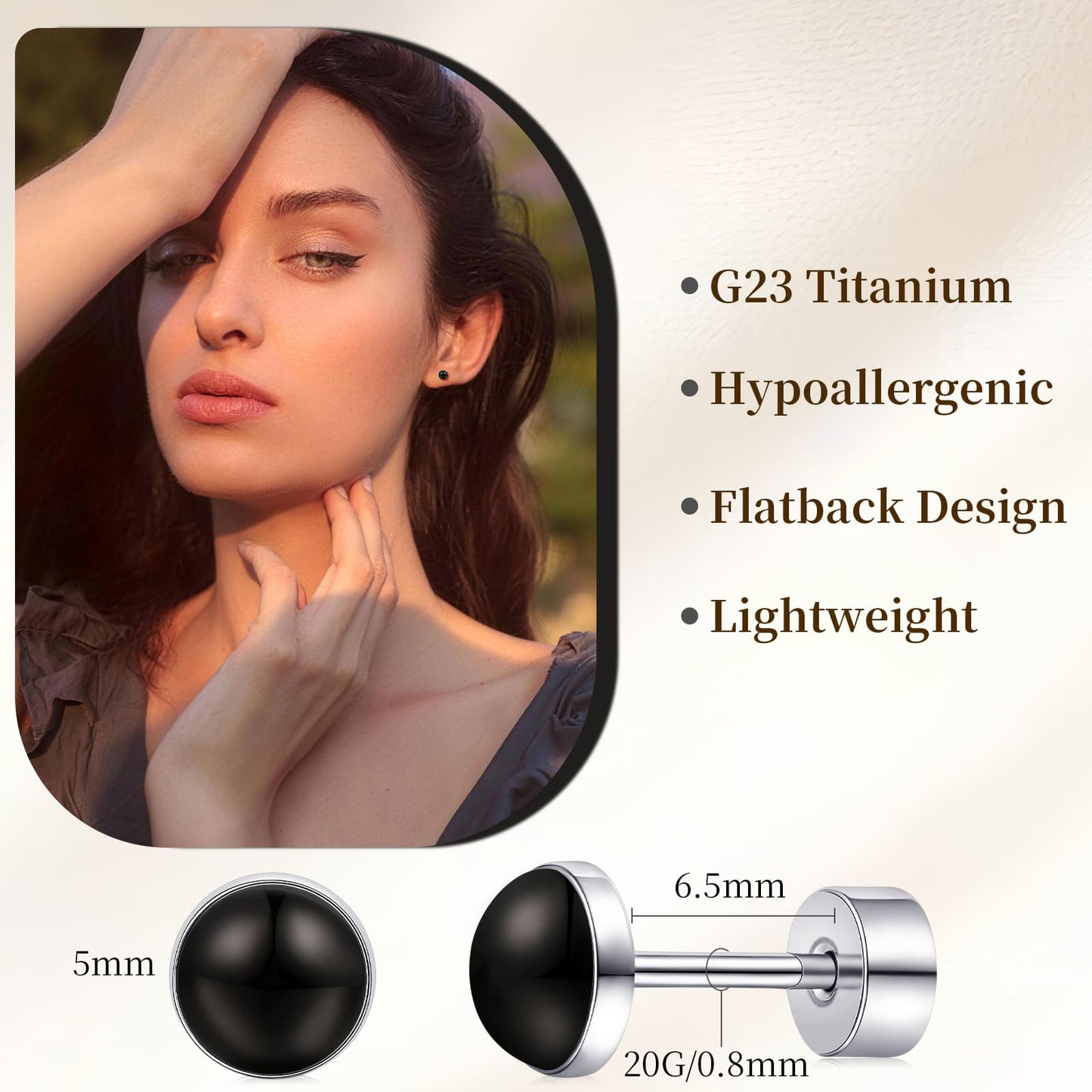 Limerencia flache Ohrstecker für Damen, hypoallergene Ohrstecker mit Schraubverschluss aus G23-Implantat-Titan, 20G Ohrstecker mit Onyx/Mondstein/blauem Türkis, flache Knorpelohrstecker in 4 mm/5 mm