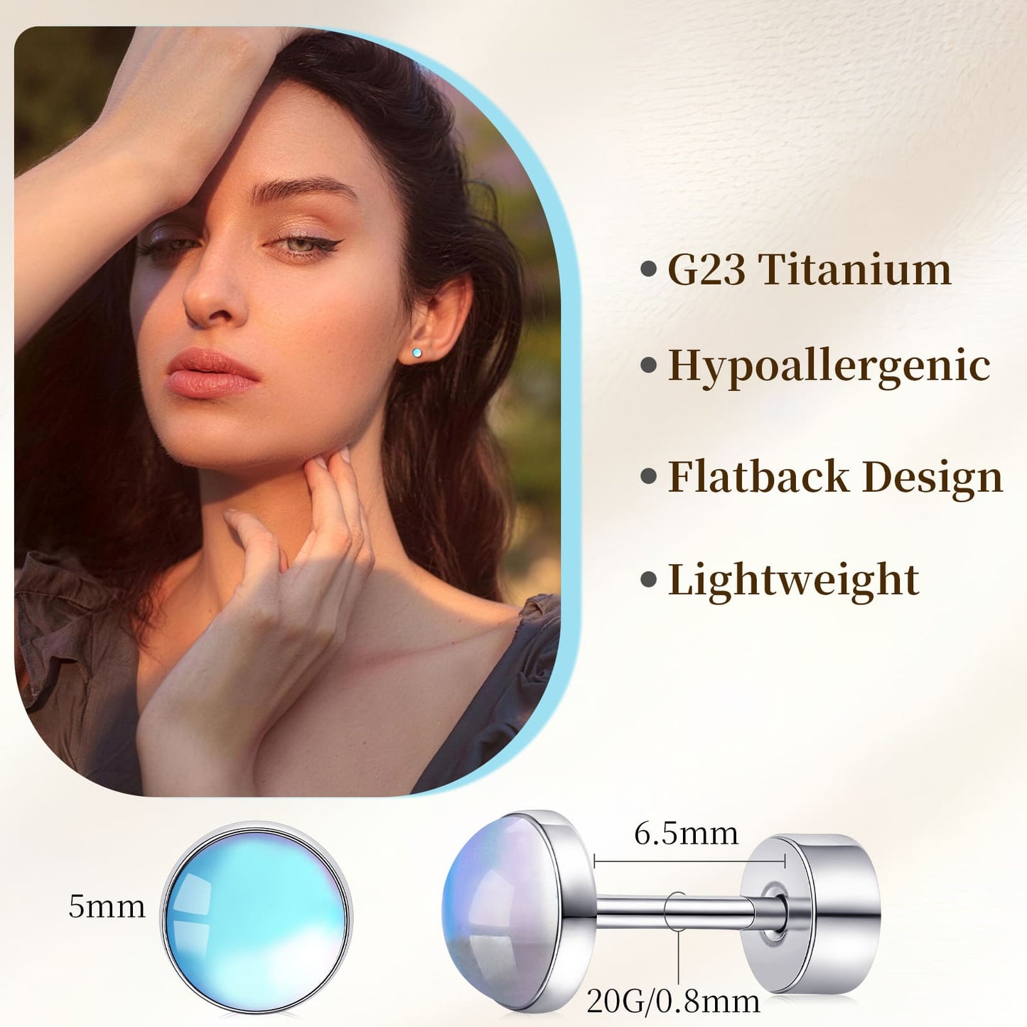 Limerencia flache Ohrstecker für Damen, hypoallergene Ohrstecker mit Schraubverschluss aus G23-Implantat-Titan, 20G Ohrstecker mit Onyx/Mondstein/blauem Türkis, flache Knorpelohrstecker in 4 mm/5 mm