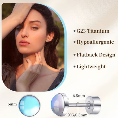 Limerencia flache Ohrstecker für Damen, hypoallergene Ohrstecker mit Schraubverschluss aus G23-Implantat-Titan, 20G Ohrstecker mit Onyx/Mondstein/blauem Türkis, flache Knorpelohrstecker in 4 mm/5 mm