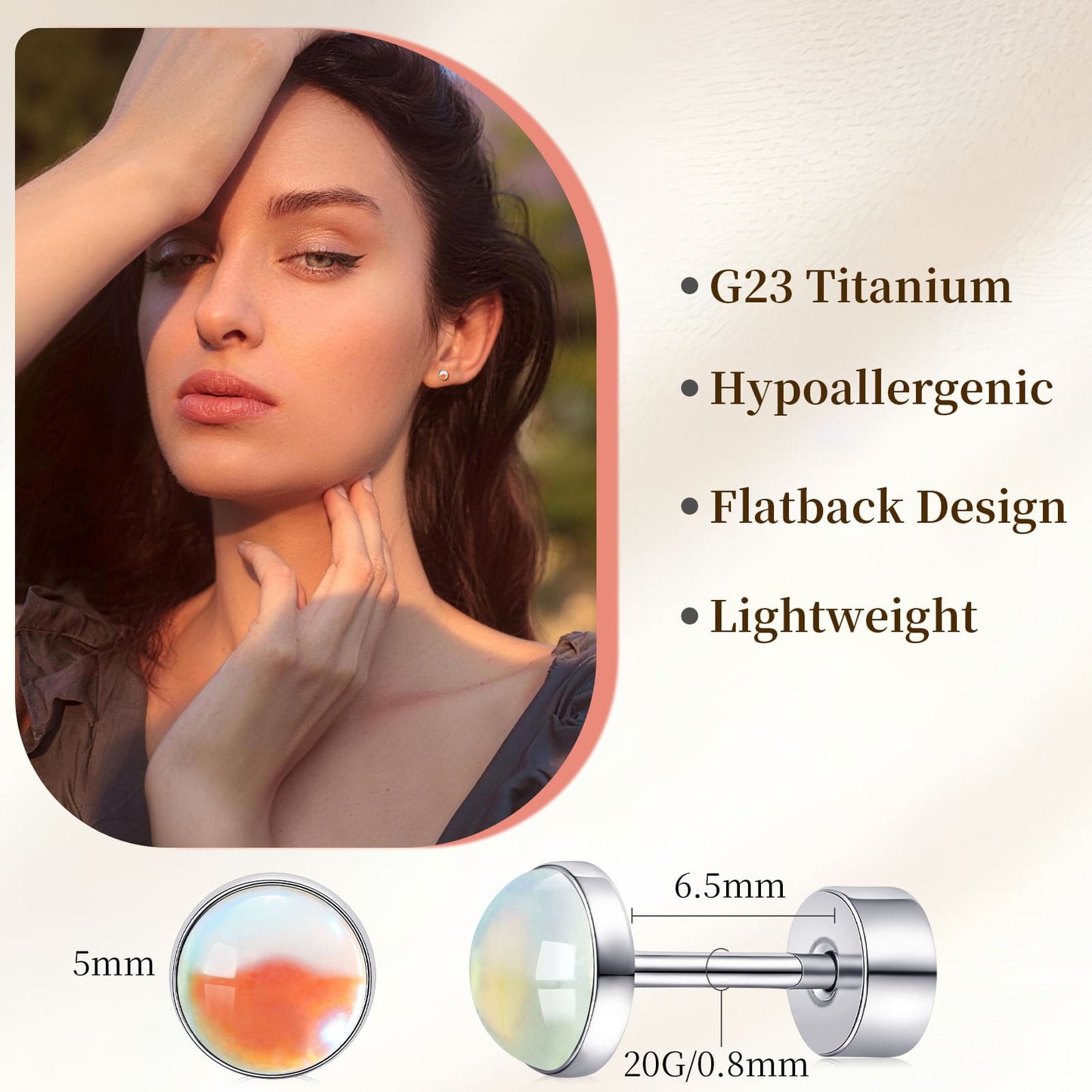 Limerencia flache Ohrstecker für Damen, hypoallergene Ohrstecker mit Schraubverschluss aus G23-Implantat-Titan, 20G Ohrstecker mit Onyx/Mondstein/blauem Türkis, flache Knorpelohrstecker in 4 mm/5 mm