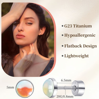 Limerencia flache Ohrstecker für Damen, hypoallergene Ohrstecker mit Schraubverschluss aus G23-Implantat-Titan, 20G Ohrstecker mit Onyx/Mondstein/blauem Türkis, flache Knorpelohrstecker in 4 mm/5 mm