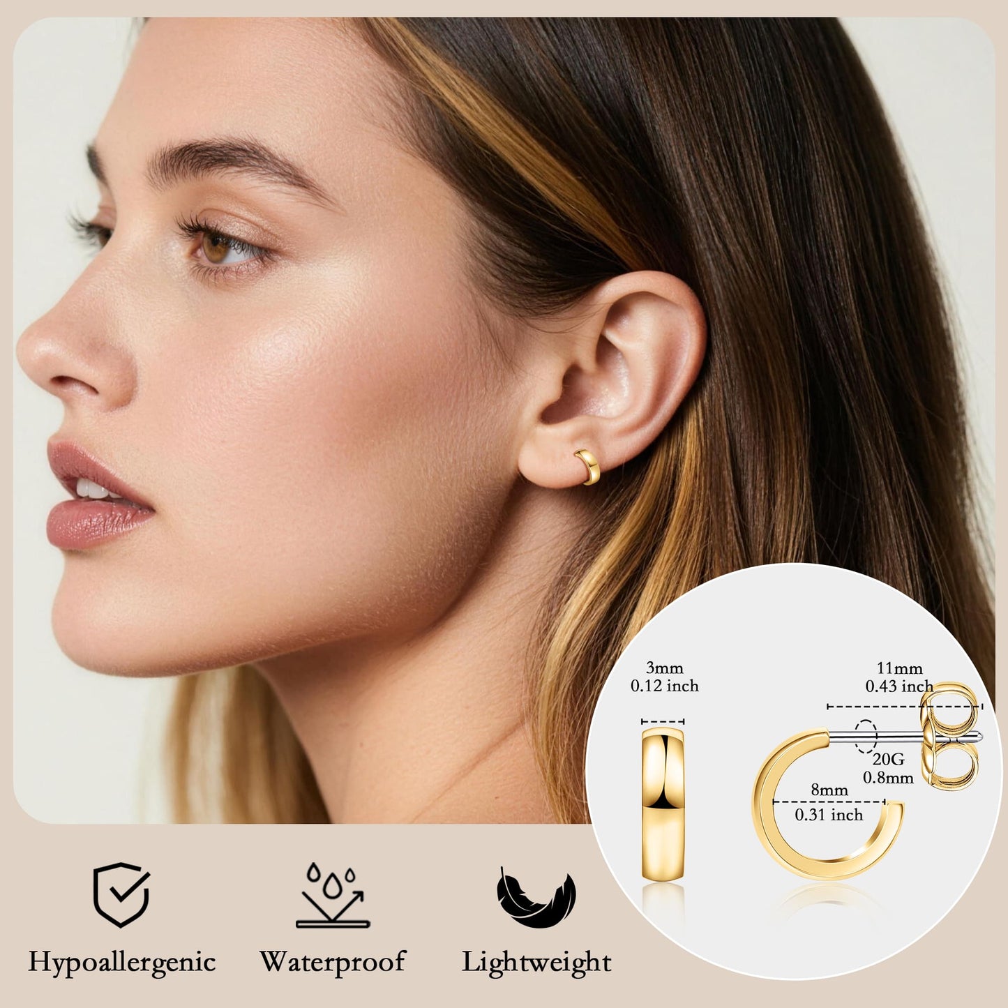 Limerencia Hypoallergenic G23 Pure Titanium Post Thin Square Edge Open Hoop | F136 Imlant Grade Womens Dainty Hoop Earrings | Lightweight for Sensitive Ears (8 mm, Gold)