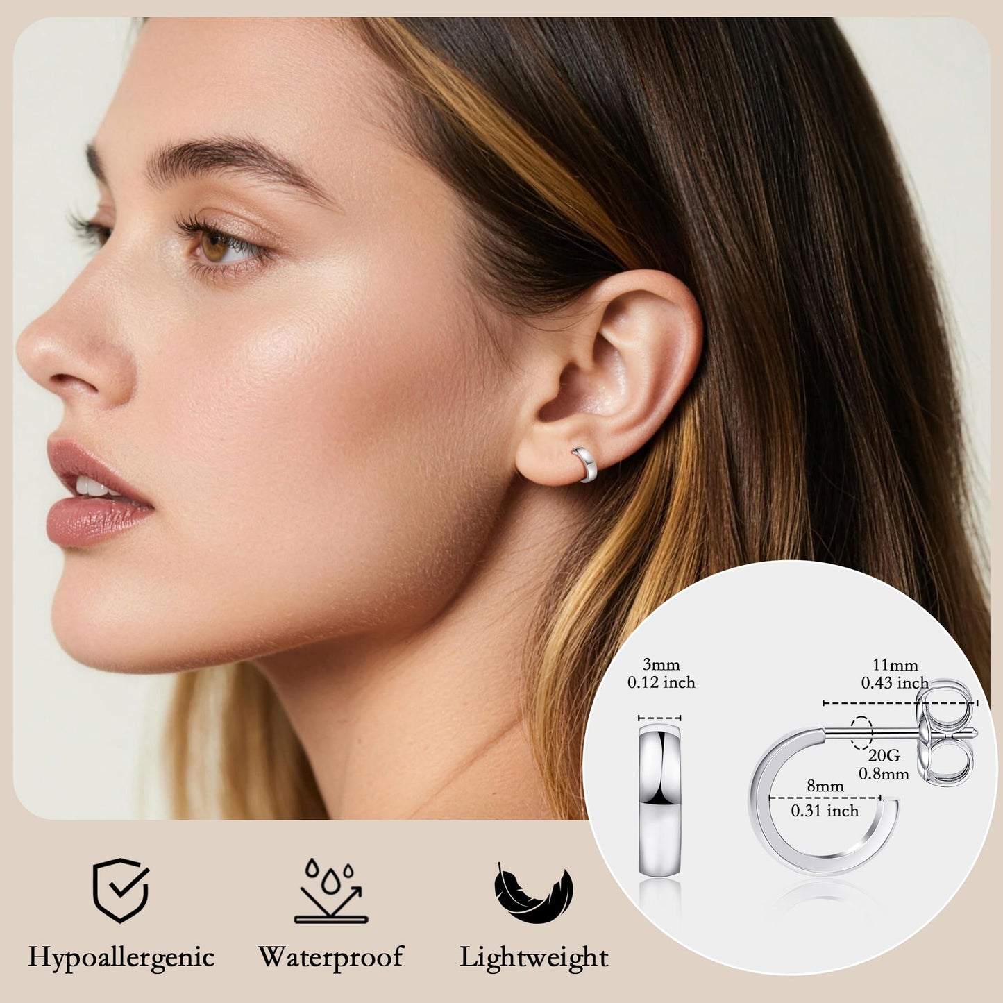Limerencia Hypoallergenic G23 Pure Titanium Post Thin Square Edge Open Hoop | F136 Imlant Grade Womens Dainty Hoop Earrings | Lightweight for Sensitive Ears (8 mm, Gold)