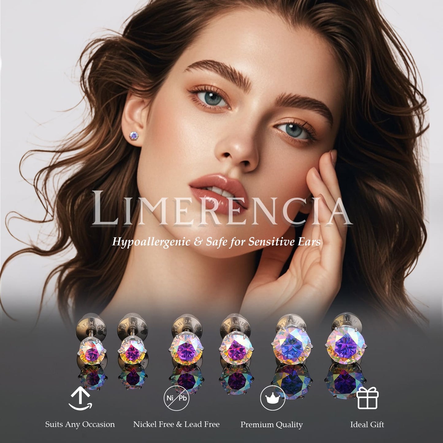 Limerencia Orecchini borchia titanio G23 CZ retro piatto ipoallergenici donna | Titanio F136 grado impianto 20G, chiusura vite piatta 6 griffe senza nichel, piercing cartilagine/trago, comfort 24h per orecchie sensibili