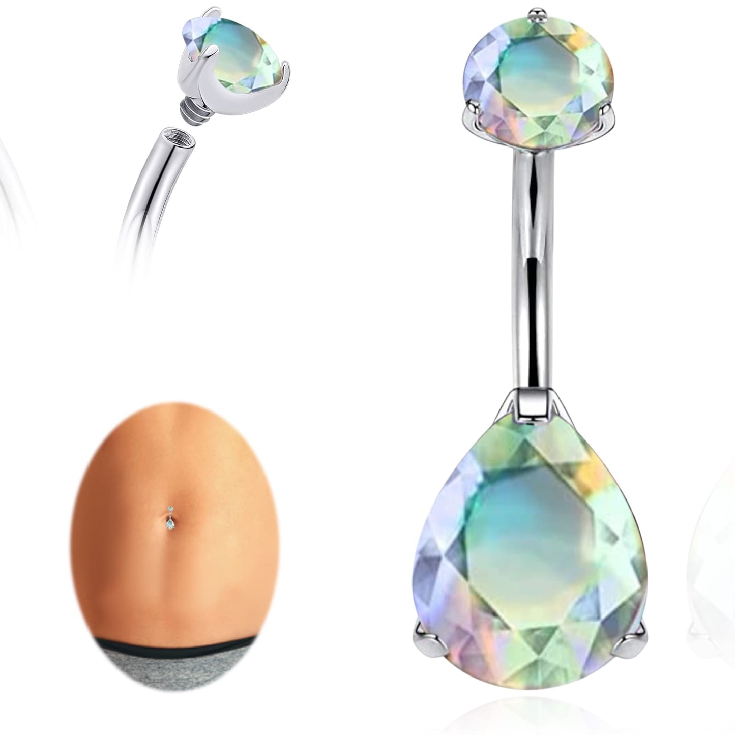 limerencia G23 Titanium Belly Button Rings hypoallergenic medical implant grade 14G Teardrop CZ Belly Navel Rings Piercing Belly Bars（Water drop belly button ring）