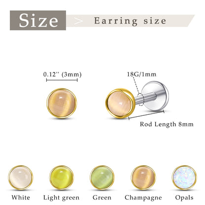 Limerencia hypoallergene Ohrstecker für empfindliche Ohren – Flachrück-Ohrstecker mit rundem Katzenauge aus G23-Titan, 5-mm-Stein-Ohrschmuck für Knorpelpiercing, Geschenk für Damen und Herren