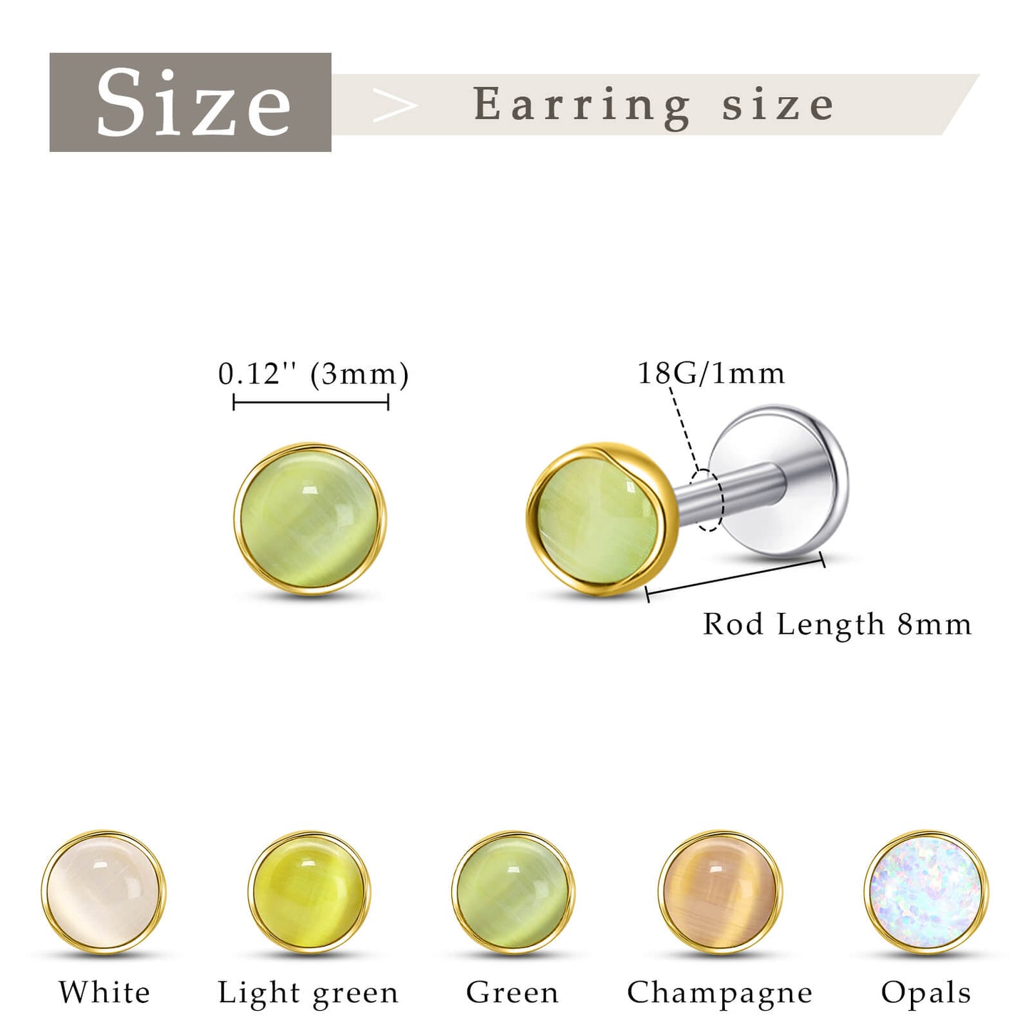 Limerencia hypoallergene Ohrstecker für empfindliche Ohren – Flachrück-Ohrstecker mit rundem Katzenauge aus G23-Titan, 5-mm-Stein-Ohrschmuck für Knorpelpiercing, Geschenk für Damen und Herren