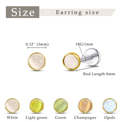 Limerencia hypoallergene Ohrstecker für empfindliche Ohren – Flachrück-Ohrstecker mit rundem Katzenauge aus G23-Titan, 5-mm-Stein-Ohrschmuck für Knorpelpiercing, Geschenk für Damen und Herren