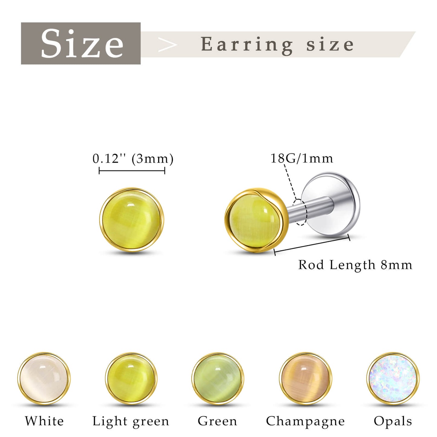 Limerencia hypoallergene Ohrstecker für empfindliche Ohren – Flachrück-Ohrstecker mit rundem Katzenauge aus G23-Titan, 5-mm-Stein-Ohrschmuck für Knorpelpiercing, Geschenk für Damen und Herren