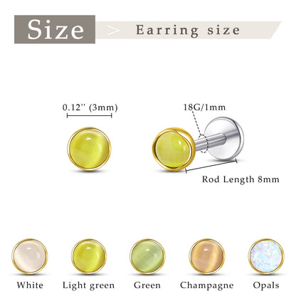 Limerencia hypoallergene Ohrstecker für empfindliche Ohren – Flachrück-Ohrstecker mit rundem Katzenauge aus G23-Titan, 5-mm-Stein-Ohrschmuck für Knorpelpiercing, Geschenk für Damen und Herren