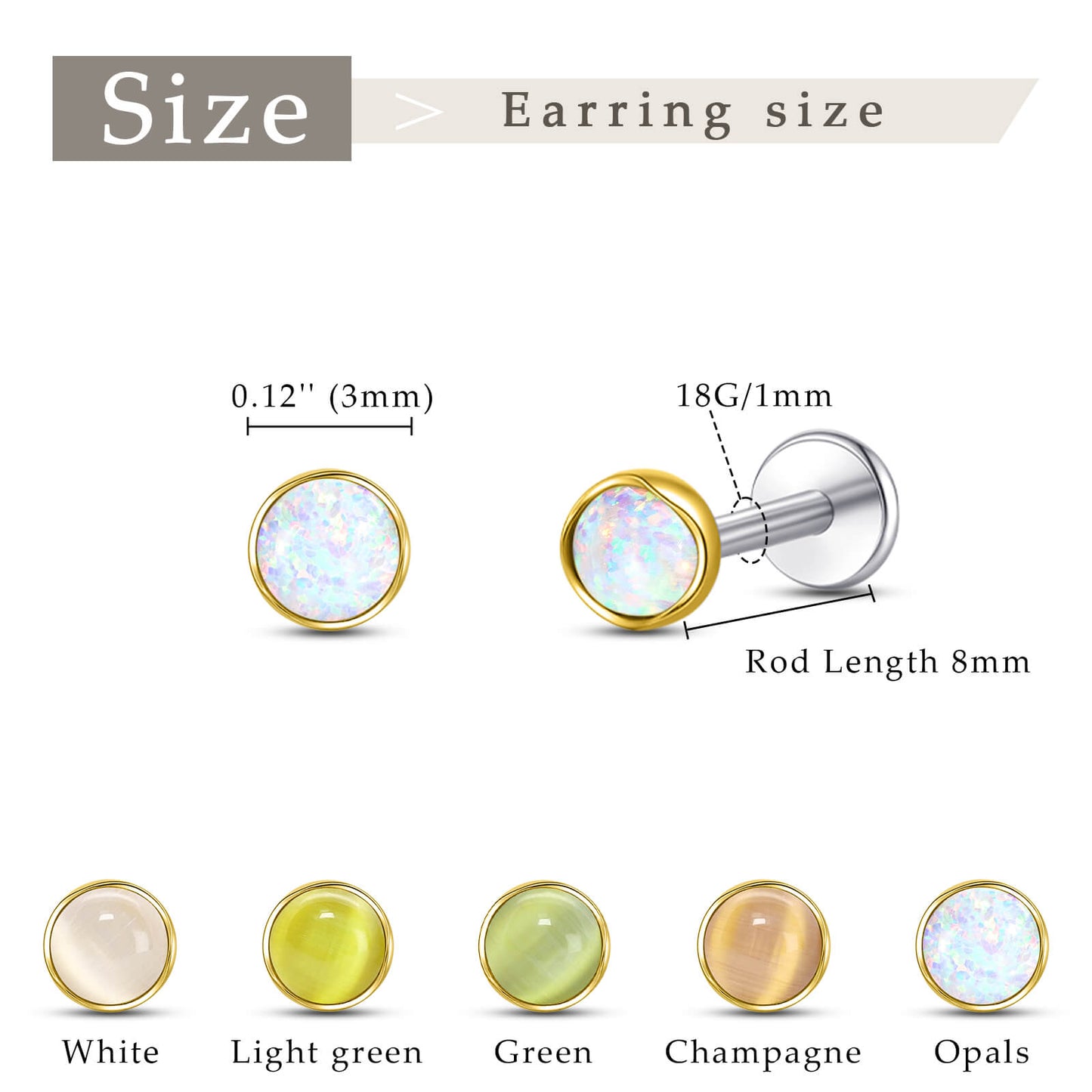 Limerencia hypoallergene Ohrstecker für empfindliche Ohren – Flachrück-Ohrstecker mit rundem Katzenauge aus G23-Titan, 5-mm-Stein-Ohrschmuck für Knorpelpiercing, Geschenk für Damen und Herren