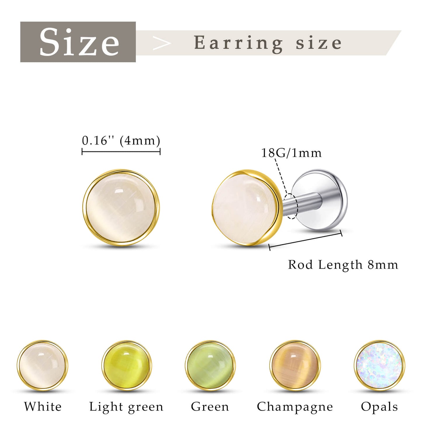 Limerencia hypoallergene Ohrstecker für empfindliche Ohren – Flachrück-Ohrstecker mit rundem Katzenauge aus G23-Titan, 5-mm-Stein-Ohrschmuck für Knorpelpiercing, Geschenk für Damen und Herren