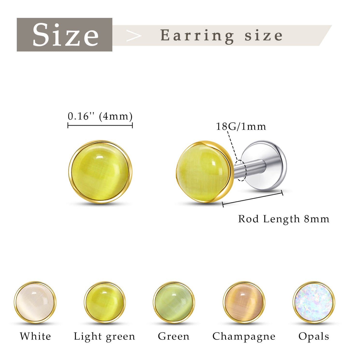 Limerencia hypoallergene Ohrstecker für empfindliche Ohren – Flachrück-Ohrstecker mit rundem Katzenauge aus G23-Titan, 5-mm-Stein-Ohrschmuck für Knorpelpiercing, Geschenk für Damen und Herren