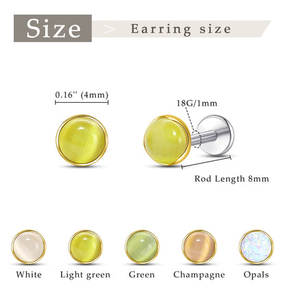 Limerencia hypoallergene Ohrstecker für empfindliche Ohren – Flachrück-Ohrstecker mit rundem Katzenauge aus G23-Titan, 5-mm-Stein-Ohrschmuck für Knorpelpiercing, Geschenk für Damen und Herren