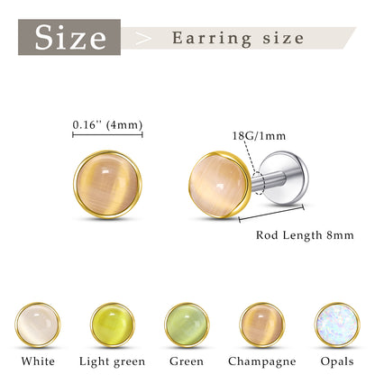 Boucles d’oreilles hypoallergéniques Limerencia pour oreilles sensibles – Puces à dos plat en titane G23 avec pierre œil de chat ronde, piercings cartilage pierre 5 mm, cadeau pour femme et homme