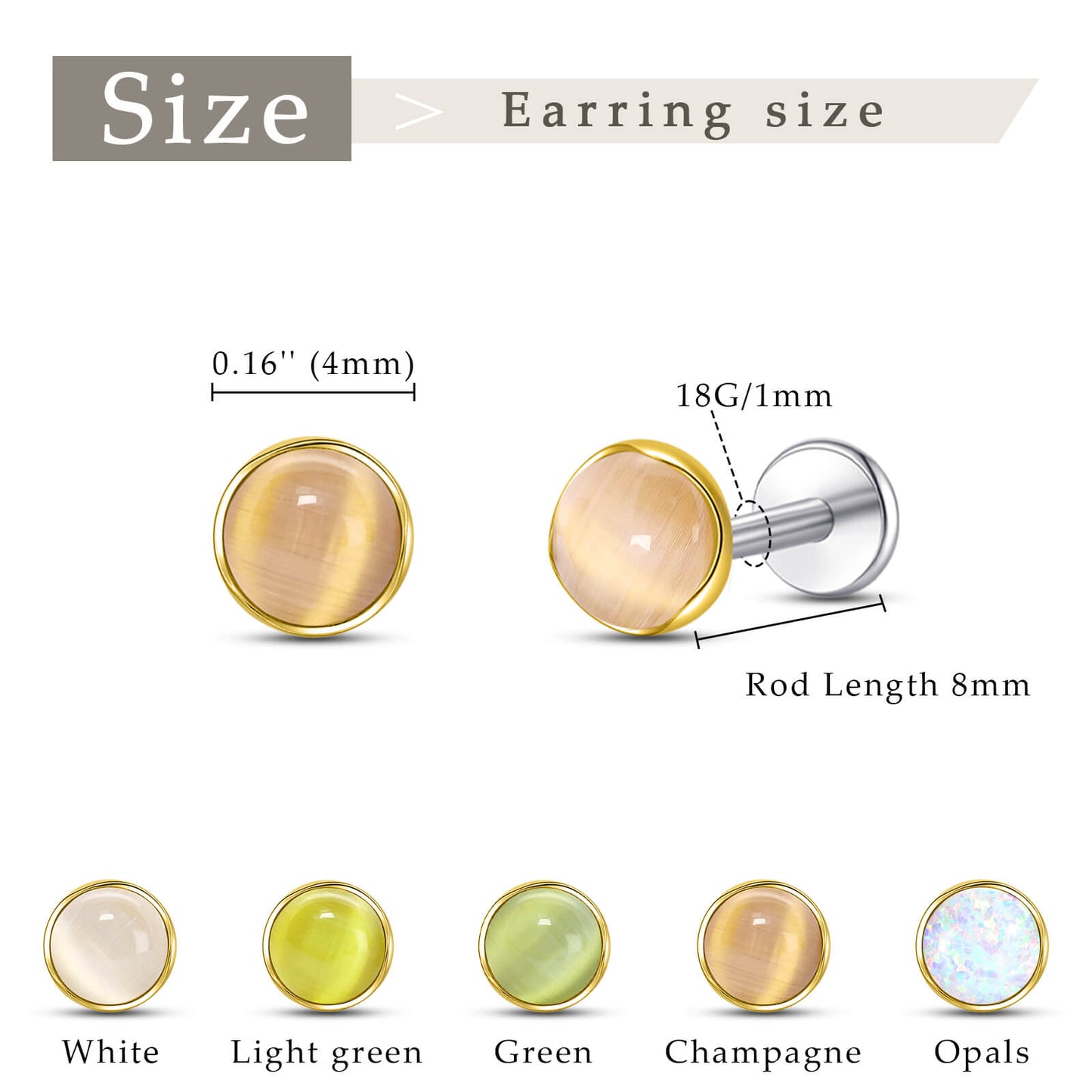 Limerencia hypoallergene Ohrstecker für empfindliche Ohren – Flachrück-Ohrstecker mit rundem Katzenauge aus G23-Titan, 5-mm-Stein-Ohrschmuck für Knorpelpiercing, Geschenk für Damen und Herren