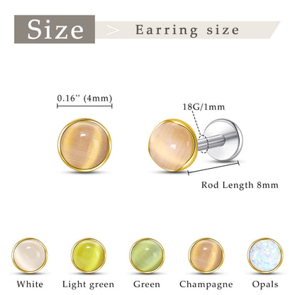 Limerencia hypoallergene Ohrstecker für empfindliche Ohren – Flachrück-Ohrstecker mit rundem Katzenauge aus G23-Titan, 5-mm-Stein-Ohrschmuck für Knorpelpiercing, Geschenk für Damen und Herren