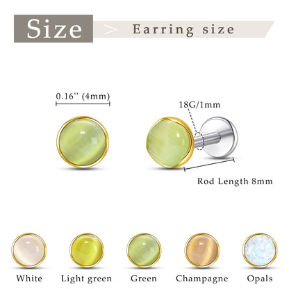 Boucles d’oreilles hypoallergéniques Limerencia pour oreilles sensibles – Puces à dos plat en titane G23 avec pierre œil de chat ronde, piercings cartilage pierre 5 mm, cadeau pour femme et homme