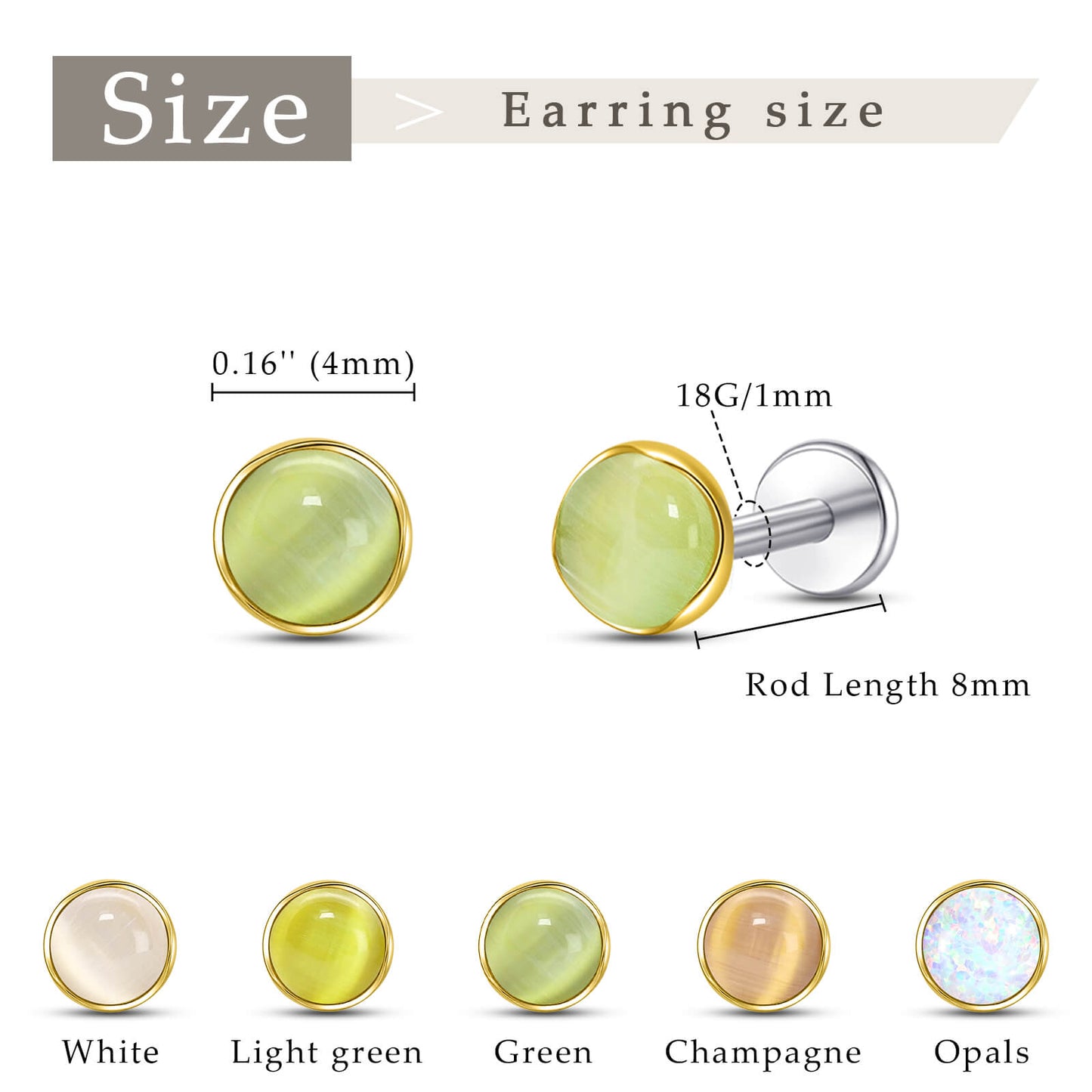 Limerencia hypoallergene Ohrstecker für empfindliche Ohren – Flachrück-Ohrstecker mit rundem Katzenauge aus G23-Titan, 5-mm-Stein-Ohrschmuck für Knorpelpiercing, Geschenk für Damen und Herren