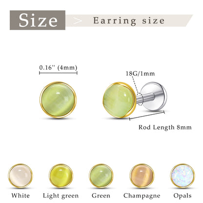 Limerencia hypoallergene Ohrstecker für empfindliche Ohren – Flachrück-Ohrstecker mit rundem Katzenauge aus G23-Titan, 5-mm-Stein-Ohrschmuck für Knorpelpiercing, Geschenk für Damen und Herren