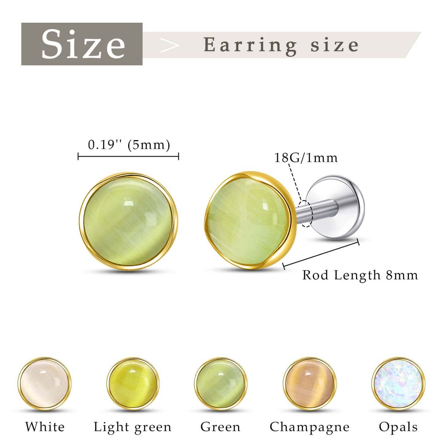 Limerencia hypoallergene Ohrstecker für empfindliche Ohren – Flachrück-Ohrstecker mit rundem Katzenauge aus G23-Titan, 5-mm-Stein-Ohrschmuck für Knorpelpiercing, Geschenk für Damen und Herren