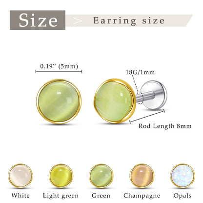 Limerencia hypoallergene Ohrstecker für empfindliche Ohren – Flachrück-Ohrstecker mit rundem Katzenauge aus G23-Titan, 5-mm-Stein-Ohrschmuck für Knorpelpiercing, Geschenk für Damen und Herren