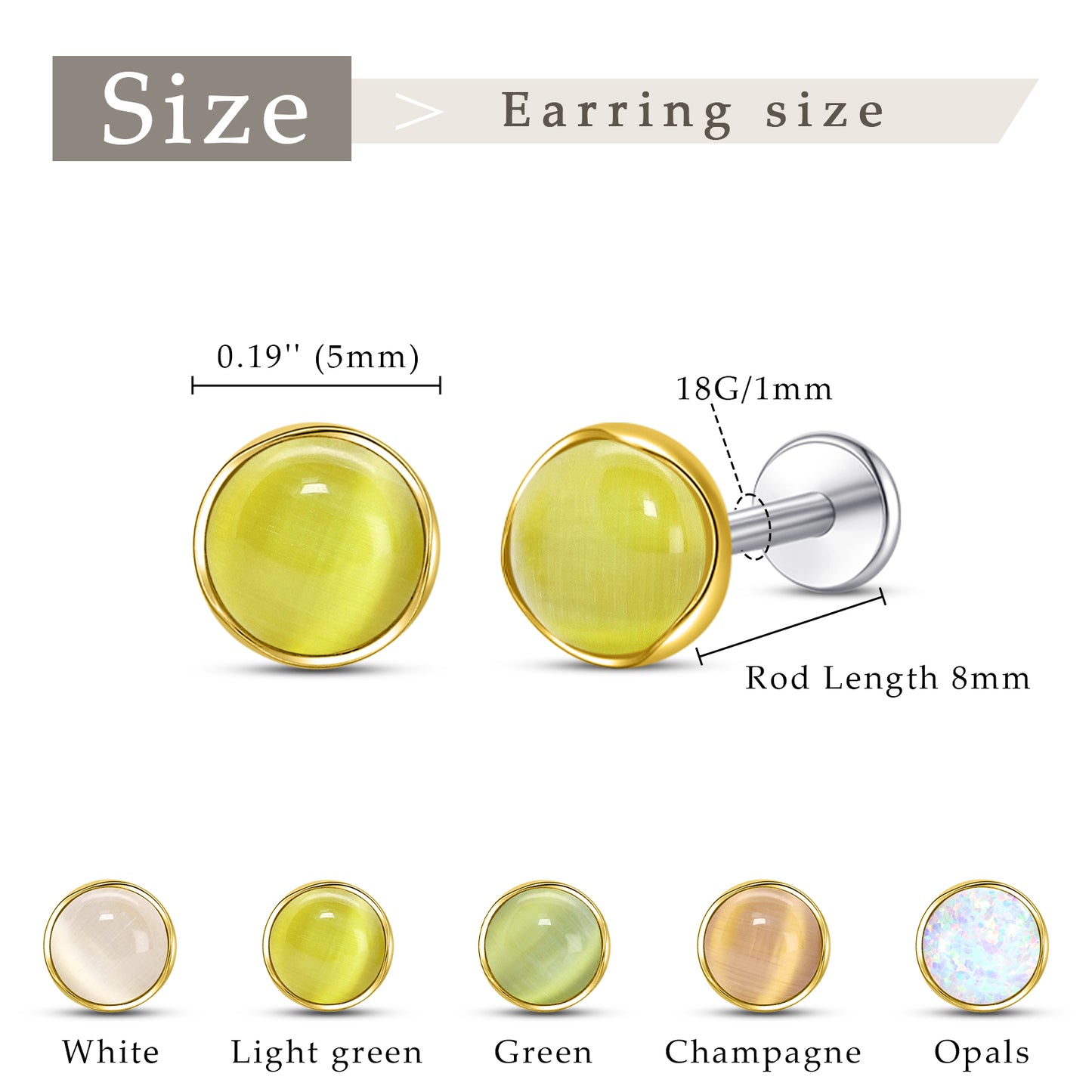 Boucles d’oreilles hypoallergéniques Limerencia pour oreilles sensibles – Puces à dos plat en titane G23 avec pierre œil de chat ronde, piercings cartilage pierre 5 mm, cadeau pour femme et homme
