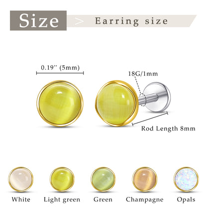 Boucles d’oreilles hypoallergéniques Limerencia pour oreilles sensibles – Puces à dos plat en titane G23 avec pierre œil de chat ronde, piercings cartilage pierre 5 mm, cadeau pour femme et homme