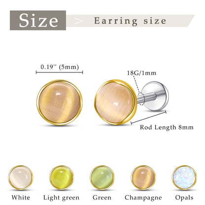 Limerencia hypoallergene Ohrstecker für empfindliche Ohren – Flachrück-Ohrstecker mit rundem Katzenauge aus G23-Titan, 5-mm-Stein-Ohrschmuck für Knorpelpiercing, Geschenk für Damen und Herren