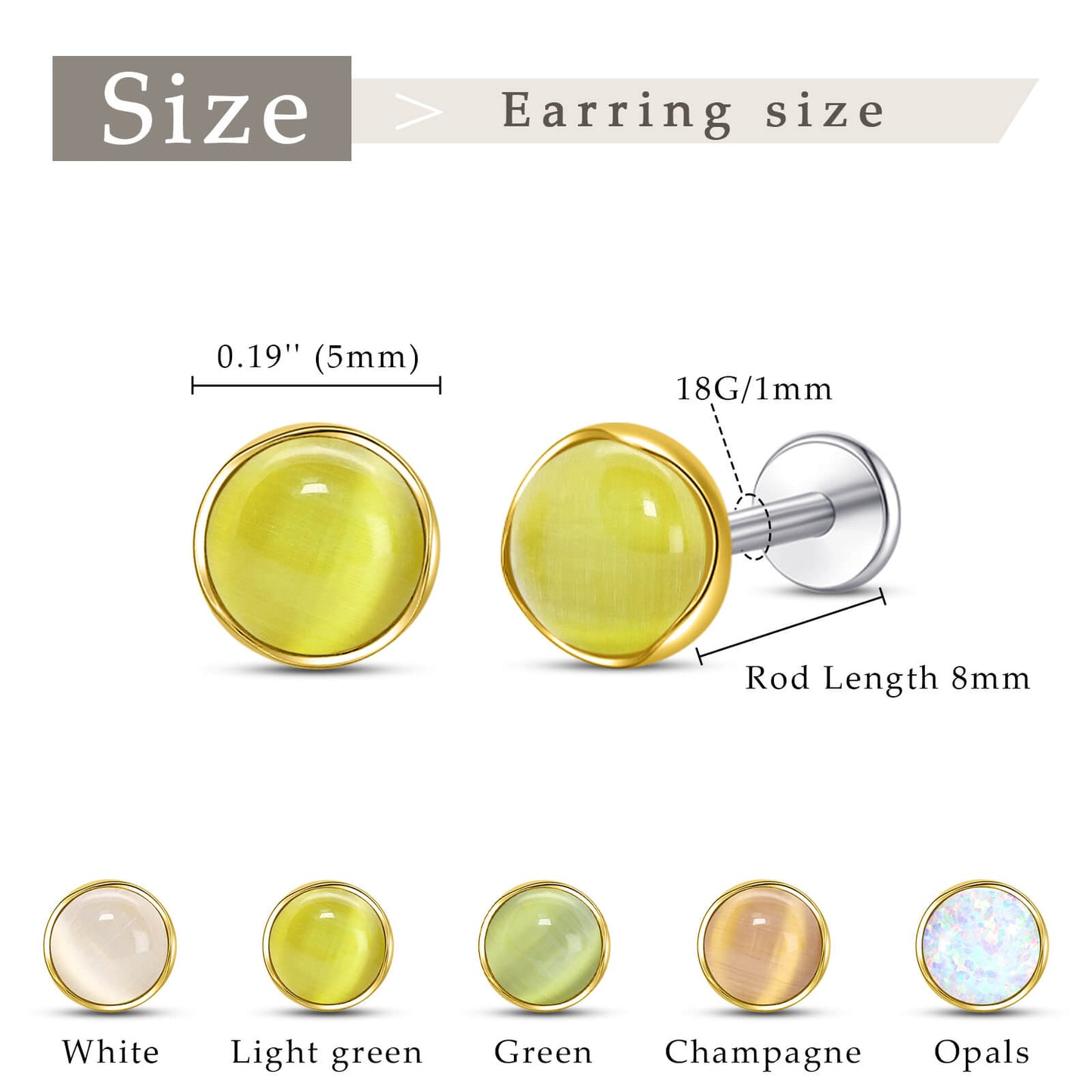 Limerencia hypoallergene Ohrstecker für empfindliche Ohren – Flachrück-Ohrstecker mit rundem Katzenauge aus G23-Titan, 5-mm-Stein-Ohrschmuck für Knorpelpiercing, Geschenk für Damen und Herren