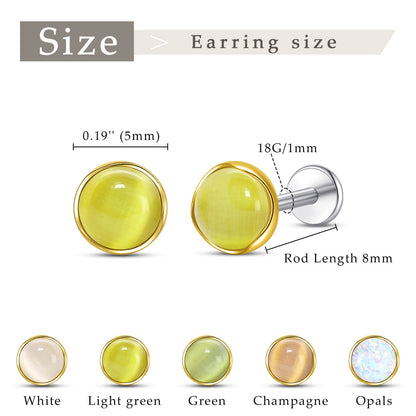 Limerencia hypoallergene Ohrstecker für empfindliche Ohren – Flachrück-Ohrstecker mit rundem Katzenauge aus G23-Titan, 5-mm-Stein-Ohrschmuck für Knorpelpiercing, Geschenk für Damen und Herren