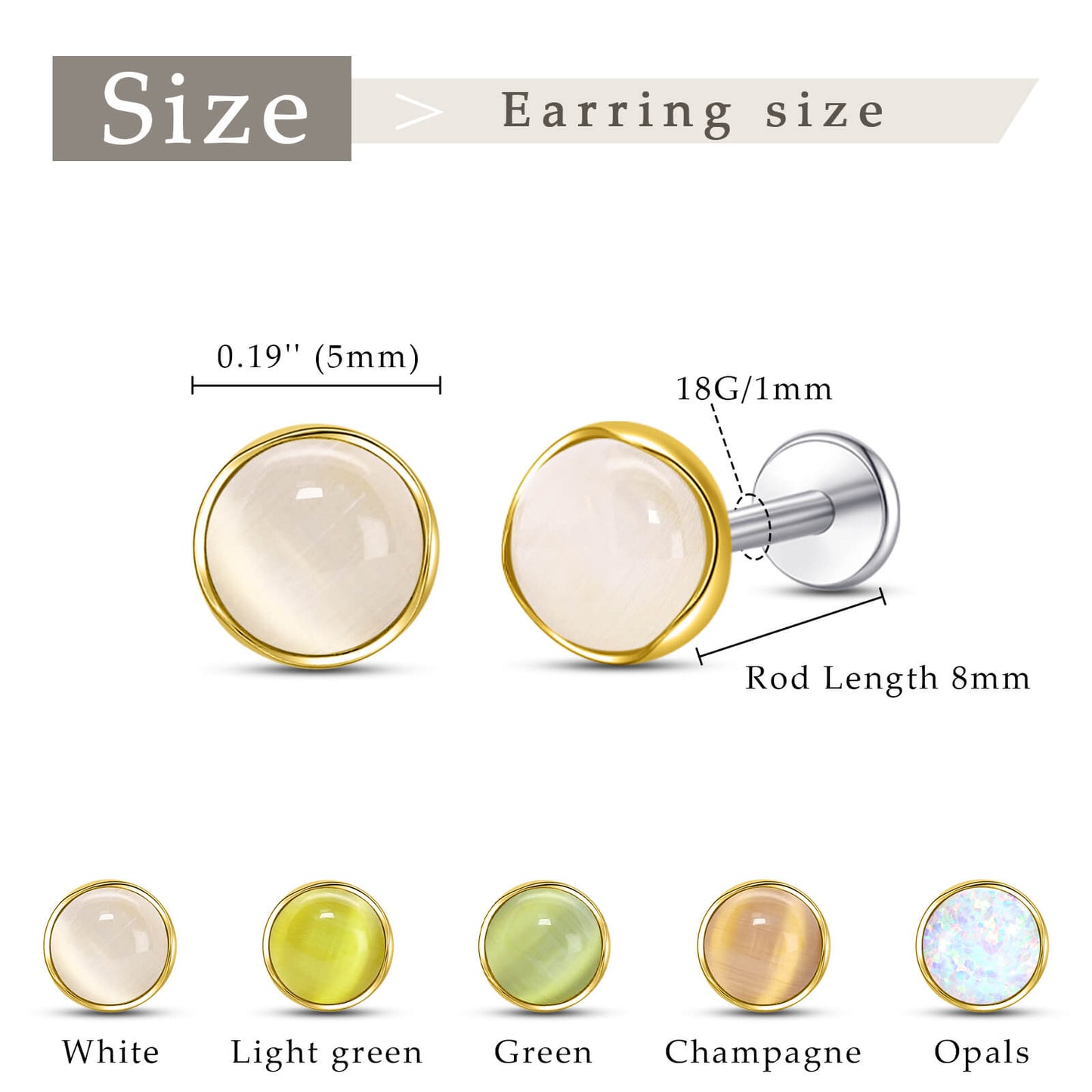 Limerencia hypoallergene Ohrstecker für empfindliche Ohren – Flachrück-Ohrstecker mit rundem Katzenauge aus G23-Titan, 5-mm-Stein-Ohrschmuck für Knorpelpiercing, Geschenk für Damen und Herren