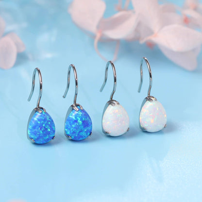 Boucles d'oreilles anneaux pendantes en titane pur hypoallergénique à zircon cubique Limerencia, boucles pendantes légères goutte d'eau en zircon cubique / opale pour femmes aux oreilles sensibles (Goutte d'eau, Opale bleue)