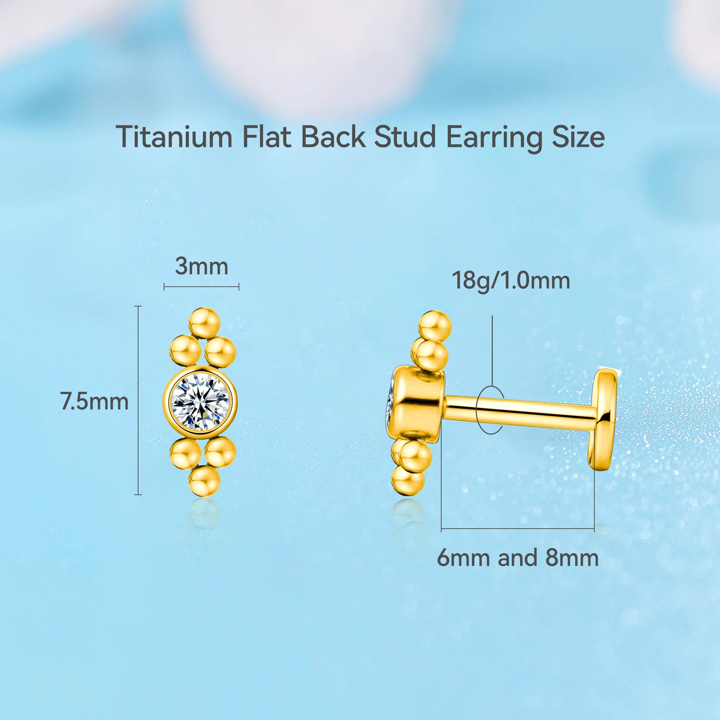 Limerencia G23 Hypoallergenic 18g Flat Back Stud Earrings | F136 Implant Grade Titanium Press Fit Threadless Push Pop in Cartilage Helix Labret Lip Monroe Tragus Piercing Studs- Deux