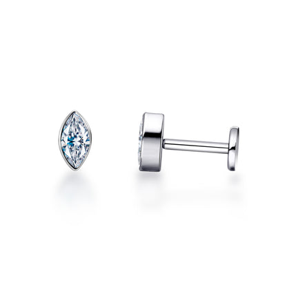 Boucles d'Oreilles à Dos Plat 18G Hypoallergéniques G23 Limerencia, Piercing Sans Filet à Enfoncement en Titane Grade Implantable F136, Convient Cartilage, Hélix, Lèvre, Monroe et Tragus (Forme Marquise, Argenté)