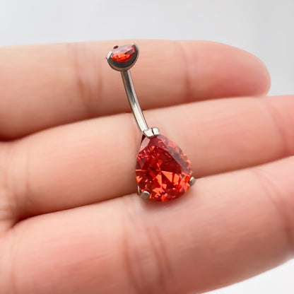 Limerencia Barre de piercing ombilical en titane G23 hypoallergénique grade médical implantable 14G, modèle goutte d'eau à zircon cubique (Rouge)