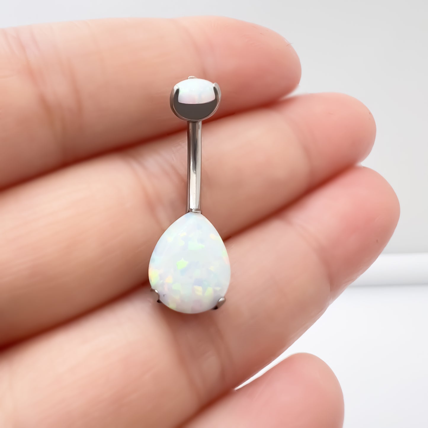 limerencia G23 Titanium Belly Button Rings hypoallergenic medical implant grade 14G Teardrop CZ Belly Navel Rings Piercing Belly Bars (Opal White)