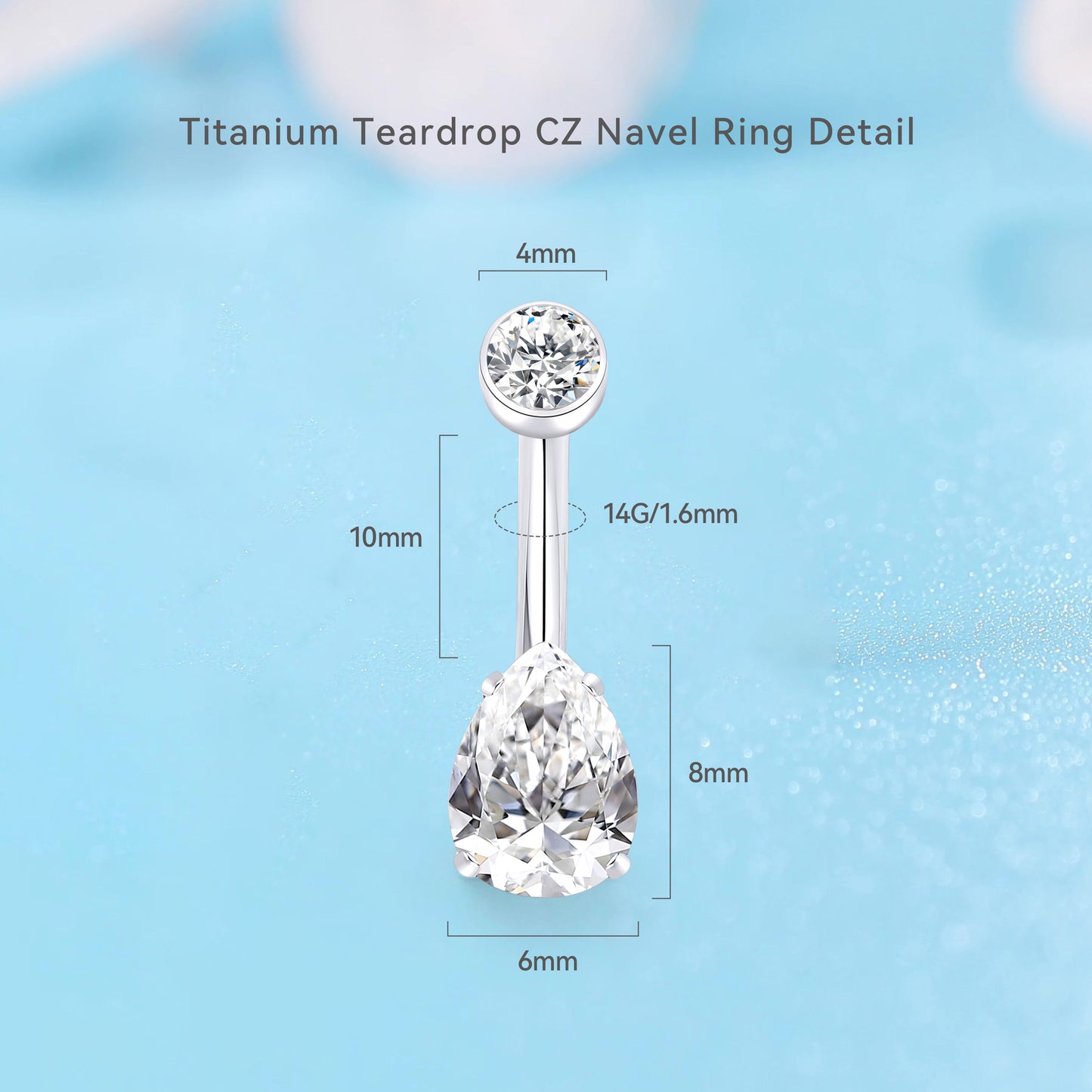 limerencia 14G G23 Titanium Belly Button Ring with Small Teardrop Cubic Zirconia 10mm Internally Threaded Navel Piercing Jewelry (10 mm, White CZ)